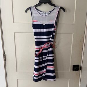 Navy and White Striped Mini Dress with Red Trim